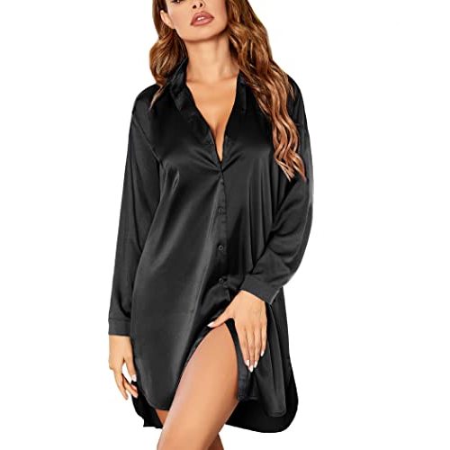 Ekouaer Satin Nightgown for Women Button Down Silk Sleepshirts Sexy V Neck Night Gown Long Sleeve Night Shirts S-3XL