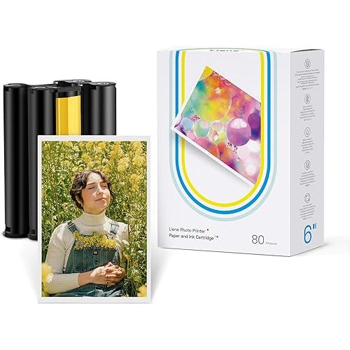 Liene Amber M100/M200 4x6" Photo Printer 80 Sheets Photo Paper & 2 Ink Cartridges Refill, Dye Sublimation, Water Oxidation-Proof, Only for Liene DHP512/DHP513 Printer, for Display, Framing, Scrapbook
