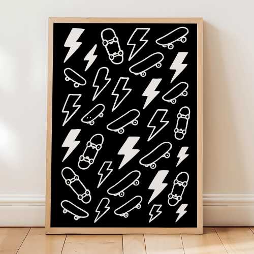 Skateboard Lightning Bolt Poster | Black Emo Skater Boys Room Wall Art | Cool Punk Kids Decor Print | No Frame | Alt Gift Idea