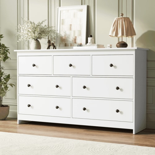 ASTUVIA 7 Drawer Dresser for Adult - 55.1"Width TV Stand with Anti-Tip Metal Rails for Bedroom Living Room,White
