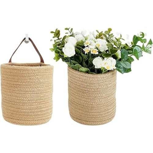 2pack Small Hanging Basket-Cotton Rope Wall Basket with Handle, Hanging Storage Baskets, Shelf Baskets Storage Bin Closet Organizer - 6.3" x 7", Woven Plant Basket (Jute)