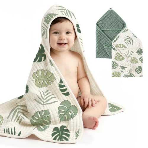 Tunnkit Muslin Hooded Towel for Newborn, 2 Pack Baby Bath Towel for Kids, Toddler and Infant, 32x32 Inch Soft and Absorbent Essentials for Babies (Sage Green and Monstera)