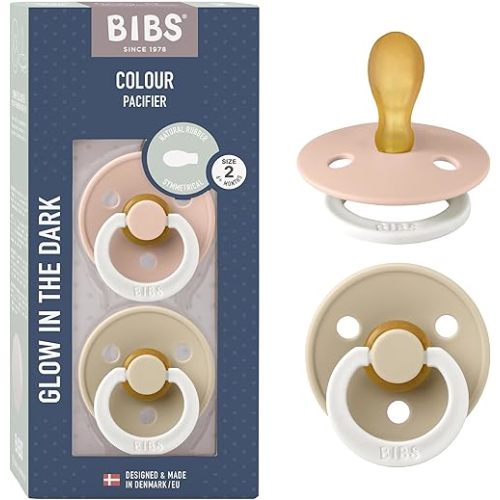 BIBS Pacifiers 6-18 Months | 2-Pack Soothers | Symmetrical Nipple | BPA-Free Natural Rubber | Made in Denmark | Blush Glow/Vanilla Glow Colour Pacifier | Natural Rubber | Size 2 | BPA-Free | Made in Denmark | Glow Handle | High Nipple Acceptance