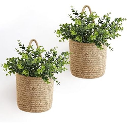 Dahey 2 Pack Wall Hanging Rope Basket (6.5"W×7"H) with Artificial Eucalyptus, Jute Woven Storage Organizer Flower Plants Basket Farmhouse Rustic Wall Decor for Porch Living Room Bedroom Entryway,Brown