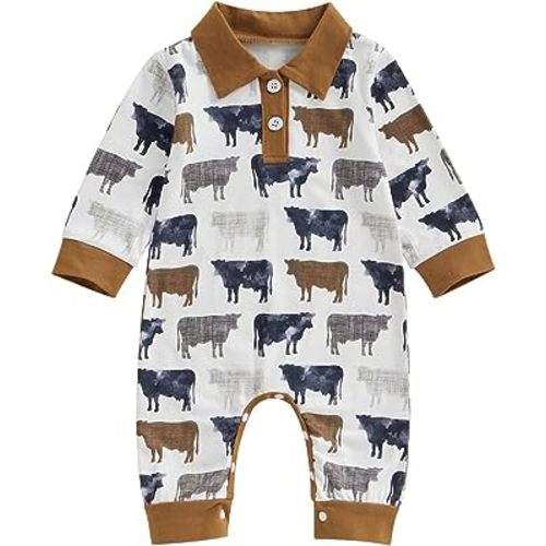 SAYOO Western Baby Cowboy Clothes Neutral Zipped Fall Romper Outfit for Boy Girl Infant Lapel Cow Print One-piece Jumpsuit
