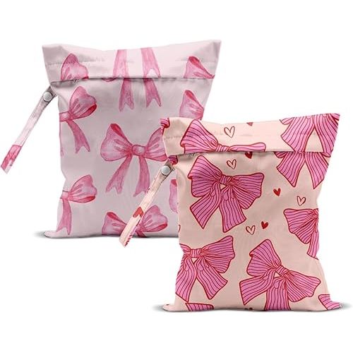 2Pcs Bow Tie Wet Bag for Vacation Essentials, Waterproof Reusable Wet Dry Bags, Heart Washable Travel Laundry Bags for Beach Diapers Dirty Yoga Gym Clothes, Pink Gifts for Women Friend, 12x10 Inch