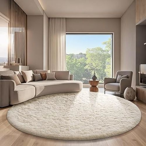 Ophanie Round Rugs 7Ft Ivory Circle Area Rug, Aesthetic Room Decor, Fluffy Fuzzy Bedroom Carpet, Plush Soft Shaggy Cream Living Room Rugs for Kids Home Decor, Nursery