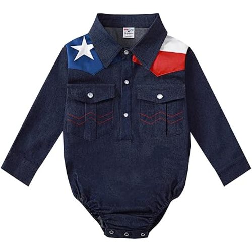 COSLAND Baby Boys' Western Long Sleeve Bodysuit, Infant Cowboy Romper, 0-18 Months