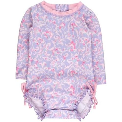 RuffleButts Baby Girls UPF 50+ Sun Protection Floral Printed Long Sleeve One Piece Rash Guard Swimsuit with Zipper