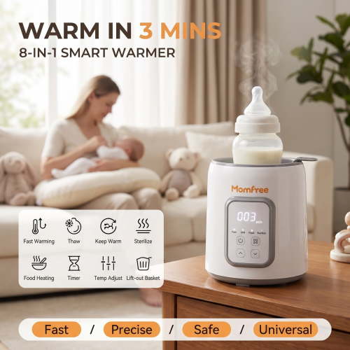 Momfree 8-in-1 Baby Bottle Warmer, Fast Heating for Breastmilk and Formula, Auto Shut-Off, Gray
