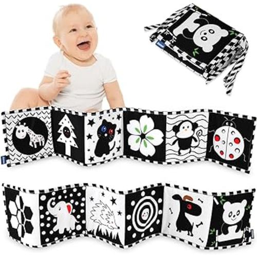 Vicloon Black and White Baby Toys, High Contrast Baby Book for Newborn 0-3 3-6 Months, Infant Tummy Time Toys, Early Education Sensory Toys, Visual Stimulation Folding Cloth Book for Boys Girls