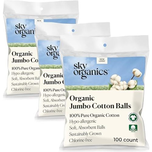 Sky Organics Organic Jumbo Cotton Balls for Sensitive Skin, 100% Pure Organic Cotton Sustainably Grown, Chlorine Free, Hypoallergenic, Ultra-Soft and Absorbant for Beauty&Personal Care, 300 ct