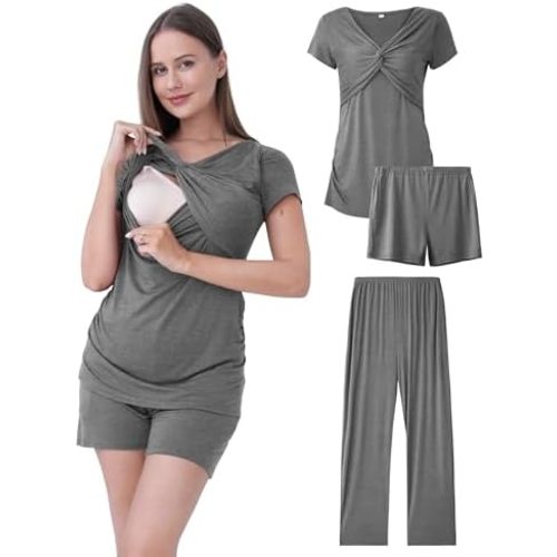 Maternity Nursing Pajamas Set 3PCS, Breastfeeding Tops, Adjustable Shorts & Pants, Postpartum Hospital Bag Essentials