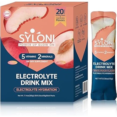 Electrolytes Powder Packets, White Peach(0.36 oz*20 Sticks), Sugar Free Hydration Packets Electrolyte Drink Mix with 7 Vitamins and Electrolytes, Keto Friendly, Vegan, Gluten Free