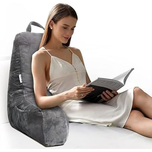 Reading Pillow with Shredded Memory Foam, Large Adult Backrest with Arms, Chair Pillow，Back Support for Sitting Up in Bed with Washable Cover ， TV Sit up Pillow
