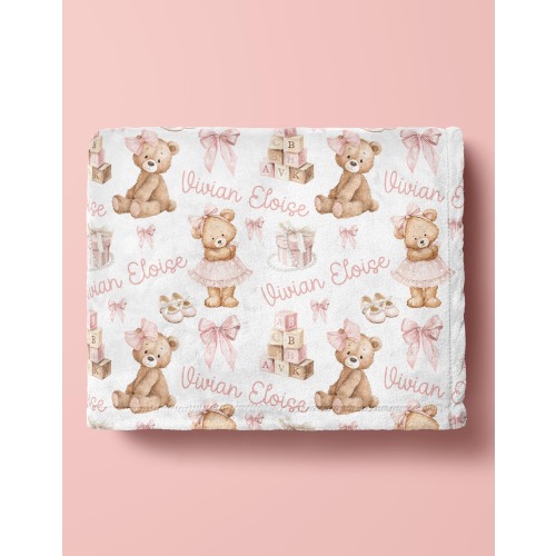 PERSONALIZED PINK TEDDY Bear Baby Blanket, Custom Baby Girl Name Blanket, Coquette Pink Bow Nursery Infant Girl Gift