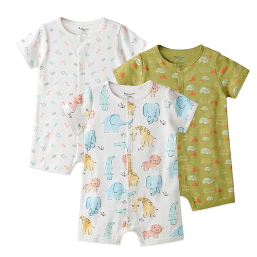 Minicoco 3-Pack 100% Cotton Baby Boy Rompers,0-24Months Short Sleeve Toddler Romper,Breathable Spring/Summer Clothes