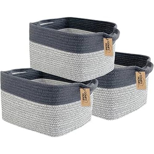 COMFY-HOMI 3Pack Cotton Rope Square Basket with Handles for Shelves|Dog Toy Storage Bin|Shoe Organizer - New 13.5" x 11" x 9.5" (Light Grey)