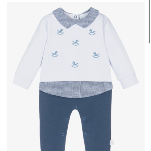 Sofija - Boys Blue Cotton Rocking Horse Romper | Childrensalon