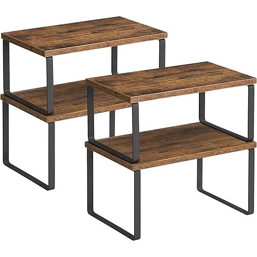 SONGMICS Cabinet Organizer Shelf, Set of 4 Kitchen Counter Shelves, Kitchen Storage, Spice Rack, Stackable, Expandable, Metal and Engineered Wood, Ink Black and Rustic Brown UKCS022X01