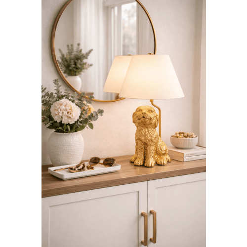 Home Decor Collection Catalina Lighting Golden Doodle Table Lamp with Painted Gold Finish and Tapered Linen Shade, 18"H