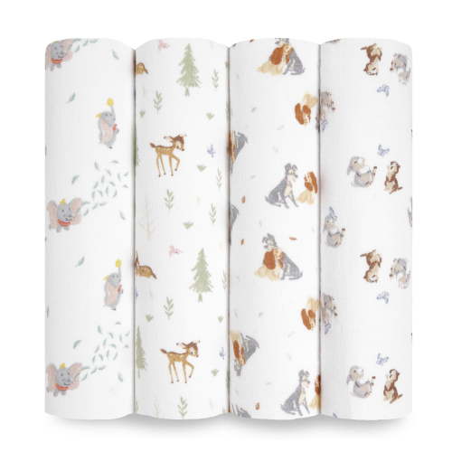 aden + anais x Disney Baby, Cotton Muslin Swaddle Blanket, Disney + Friends, Unisex, Infants, 4-Pk