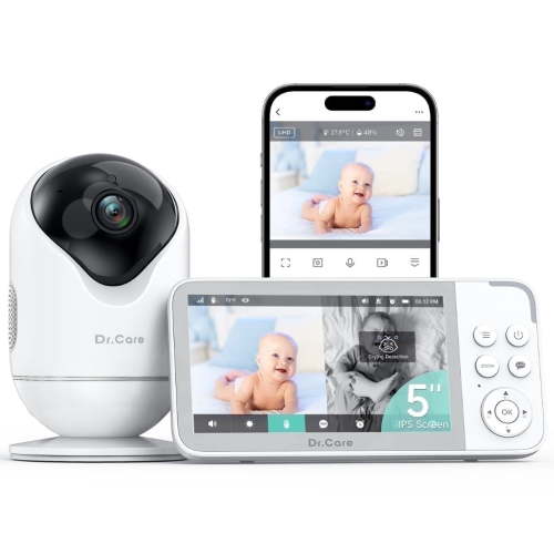 Dr.Care 5" Smart WiFi Baby Monitor with 2K HD Security Camera,APP Control, Cry & Motion Detection,Pan-Tilt-Zoom,Temp, Nightvision, 2-Way Talk