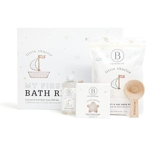 Bathorium Little Charlie My First Bath Ritual Gift Set, Bath Kit with Oat, Coconut & Organic Oils, Soothing Soak, Bubble Bath, Konjac Sponge & Scoop, Gentle, Fragrance-Free Skincare for Babies
