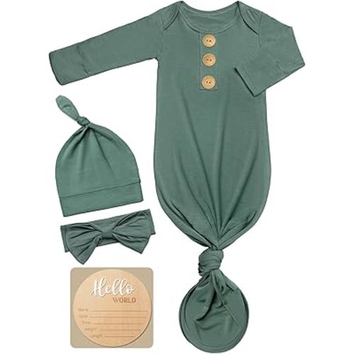 Soft Baby Knot Gown 0-3 Months, Newborn Announcement Sleepers With Mitten Cuffs and Personalized Wooden Name Tag