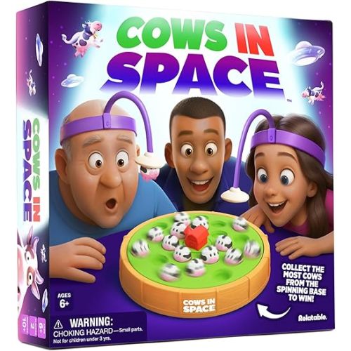 What DO You Meme? Cows in Space, Hilarious Kid-Friendly 2026 Toy of The Year Finalist Game by Relatable, Includes 2 UFO Headbands, 1 Electronic Spinning Base, 21 Cows, and Instructions