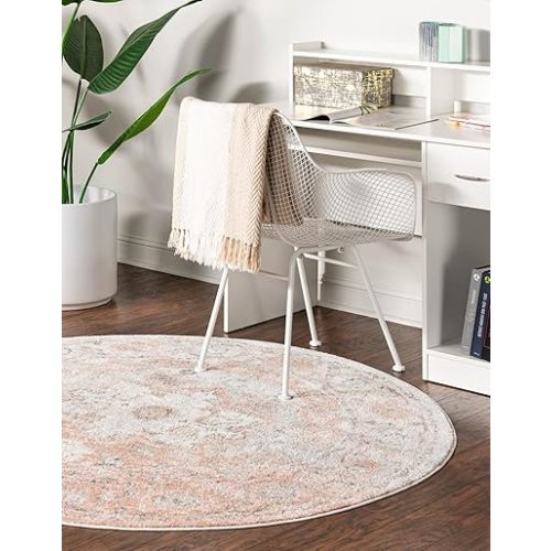 Rugs.com Madeline Vintage Collection Rug – 7 Ft Round Rose Pink Low-Pile Rug Perfect for Kitchens, Dining Rooms