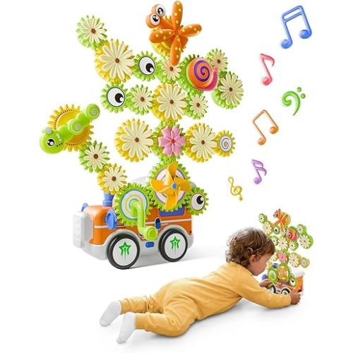 LIGHTDESIRE Montessori Toys for Toddlers 3 4 5 6 Years Old,Musical Baby Toy Train Electric Rotating Gear Flower Building Toddler Learning Toys,STEM Toy DIY Assembly Birthday Gifts Baby Boy Girl,Orange
