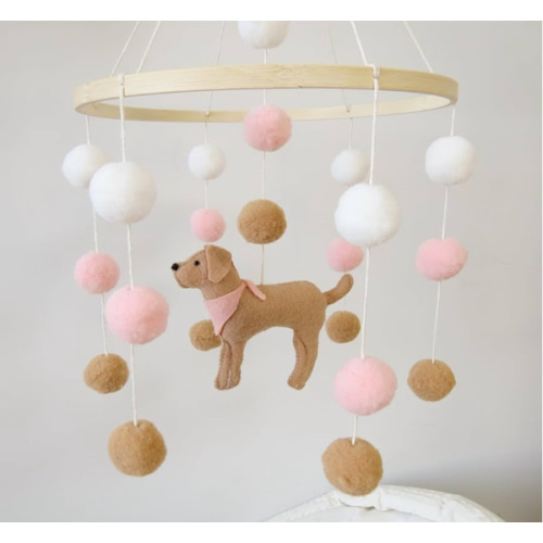 Baby Crib Mobile for Girls Boys Dog Theme Baby Mobile for Crib Mobile for Bassinet with Felt Ball, Pink