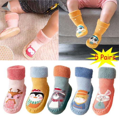 PULLIMORE 5 Pairs Baby Boy Girls Toddlers Moccasins Non-Skid Indoor Slipper Shoes Socks Booties Winter Warm Infant Boots Shoes (6-12 Months)