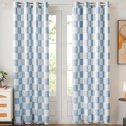 Blue Checkered Window Curtains, 100% Blackout Curtains 84 Inch Length 2 Panels Set, Darkening Curtains for Bedroom, Living Room Long Drapes 52" W x 84" L Each (Pack of 2)