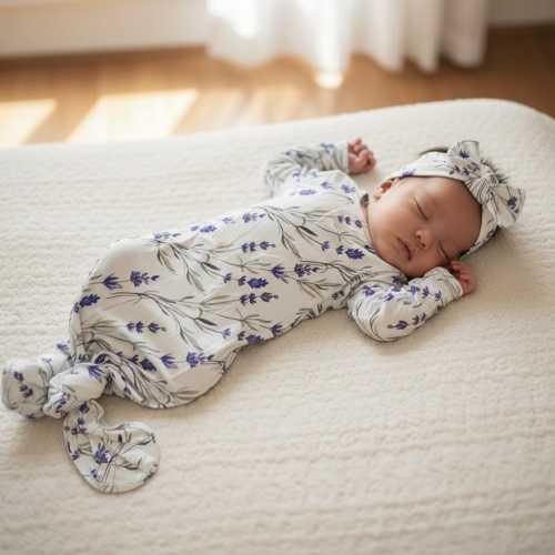 Lilac Floral Bamboo Knotted Gown With Bow, Newborn Baby Girl Coming Home Outfit
