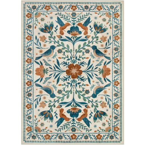 Moynesa Bedroom Rug 5x7, Washable Modern Bohemian Area Rugs for Living Room Dining Room, Farmhouse Floral Bird Print Pattern Carpet, Retro Home Decor Open Floor Areas Non-Slip Protection