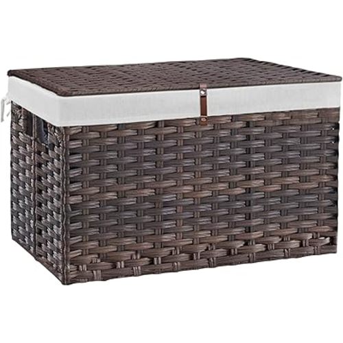 180L Wicker Storage Basket with Lid, Handwoven Rattan Large Shelf Basket with Removable Liner, 47.6 Gallon Wicker Basket for Blanket, Storage Trunk with Handle for Closet, Bedroom, Livingroom, Brown