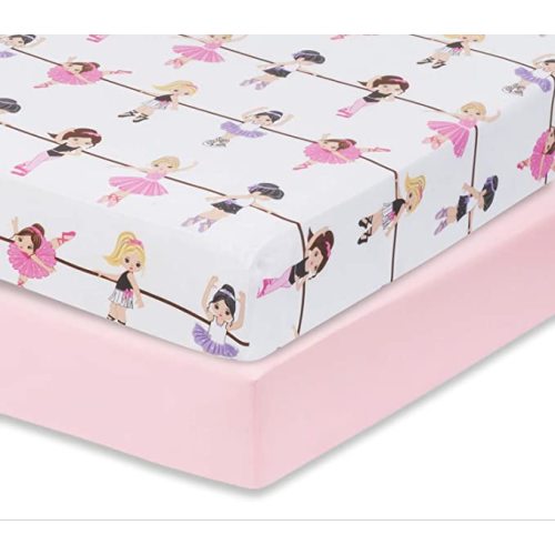 Everyday Kids 2 Pack Fitted Girls Crib Sheet, 100% Soft Breathable Microfiber Baby Sheet, Fits Standard Size Crib Mattress 28in x 52in, Nursery Sheet - Ballerina/Pink