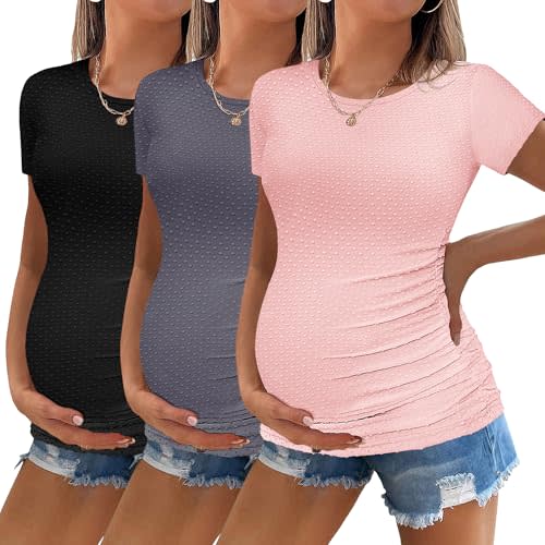 Ekouaer Womens Maternity Shirts 3 Packs Round Neck Short Sleeve Side Ruched Swiss Dot T Shirt Tops S-XXL