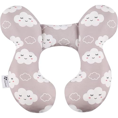 vocheer Baby Travel Pillow(Upgraded), Head and Neck Support Pillow for Pushchair, Car Seat,Stroller, Bouncer, Cotton(Grey Cloud