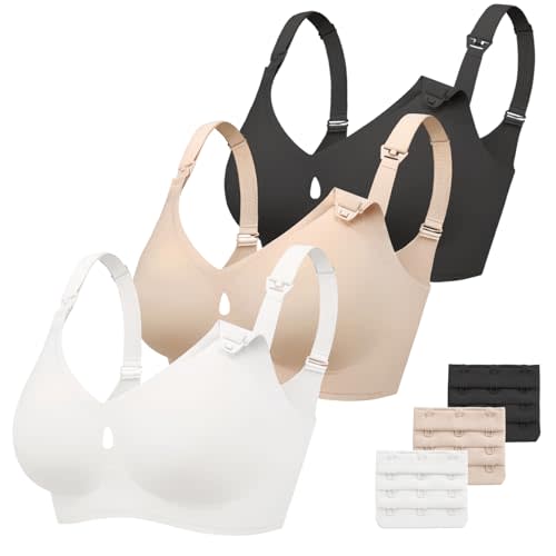 Vinfact 3 Pack Nursing Bras for Breastfeeding Comfort Hollow Maternity Bra | Padded, Adjustable Straps, Wireless Jelly Support, Soft Seamless Second-Skin Feel, Pregnancy Bra with Extenders