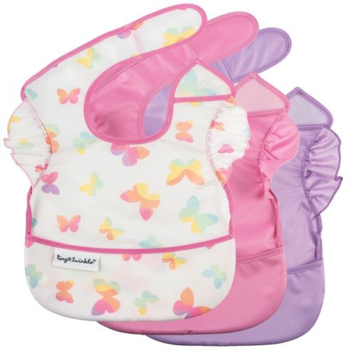 Tiny Twinkle Mess-Proof and Waterproof Baby Food Bib for Boys or Girls, Machine Washable and BPA-Free w/Adjustable Closure (3-Pack, Butterfly)