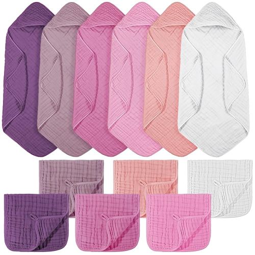 12 Pcs Baby Muslin Hooded Bath Towels and Washcloths, 32 x 32 Inch Muslin Cotton Hooded Baby Towels Absorbent Hooded Blankets for Gift Newborn Infant Shower (Pink Purple Series)