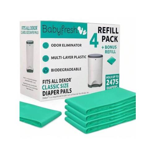 4+1 Pack Extra Refills Compatible With DEKOR CLASSIC Diaper Pails |   30% Extra Thickness & Strength |   Diaper Pail Refill Bags With Powerful Odor Elimination Fresh Powder Scent |   Holds Up To 2475 Diaper