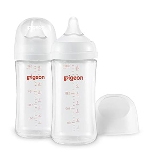 Pigeon Glass Nursing Bottle Wide Neck, Anti-Colic, Streamlined Body, Natural Feel, Easy to Clean, Heat-Resistant, 8.1 Oz (Pack of 2), Includes 2pcs M Nipples (3m+)