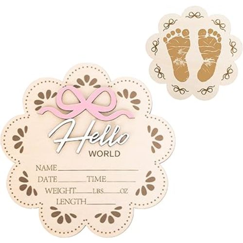 Whaline Hello World Bow Wooden Baby Announcement Sign Flower Shape Coquette Bow Newborn Sign Birth Wooden Board Milestone Card for Birthday Baby Shower Photo Prop Keepsake