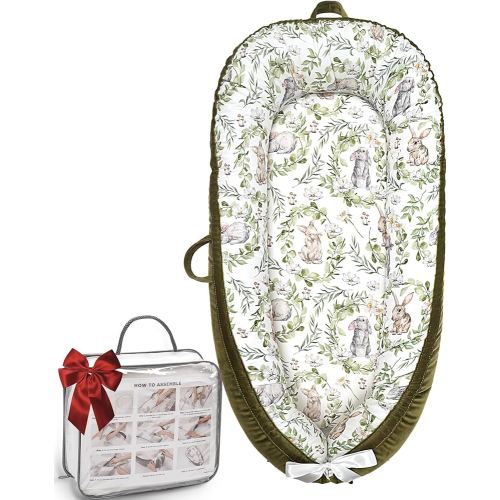 Baby Lounger-Breathable and Soft Organic 100% Cotton, Portable Infant Lounger with Removable Lounger Cover, Baby Nest Lounger for Newborn - Green Rabbit