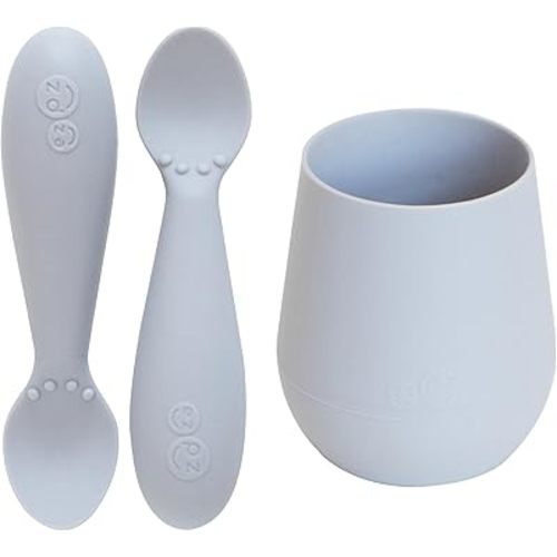 ezpz Tiny Cup (Pewter) + Tiny Spoon (2 Pack in Pewter) - baby essentials, cup and spoon