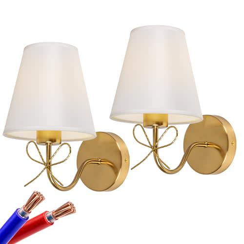Mesuz Antique Brass Wall Sconces Set of Two, Bow Sconces Decor Gold Wall Lights Brass Brushed Gold Sconce with Fabric Shade, E26 110V Hardwired Wall Lamps for Girl Bedroom, Living Room, Nursery Room